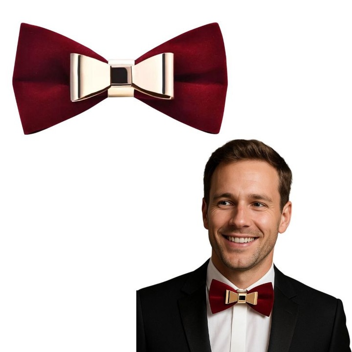 Papion Barbati Bordo Elegant Dublu Strat Reglabil Pre-Tied Modern Clasic Accesoriu Costum Nunta Petrecere Cadou Lux Cutie Premium Inclusa Stil Masculin Puternic Detaliu Metalic Rafinat