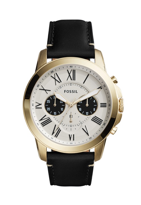 Fossil, Часовник с хронограф и кожена каишка, Черен / Златист