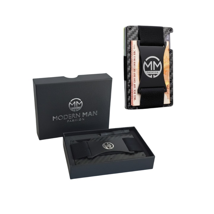 Portofel slim din aluminiu negru Modern Man, 9x6x2 cm, protectie STOP RFID, etui pentru carduri cu mecanism de extragere, banda elastica pentru bancnote, cutie cadou eleganta