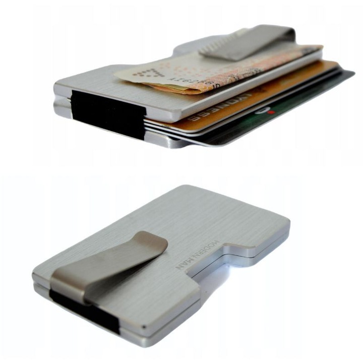 Portofel Barbati Minimalist RFID Suport Carduri Aluminiu Slim Antifurt Elegant Usor Compact Argintiu Clema Bancnote Etui Documente Business Calatorie Modern Cadou Premium Practic Subtire