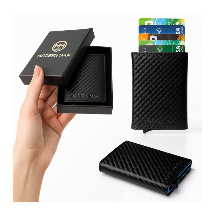 Portofel barbati mini slim black carbon cu protectie RFID modern cadou portcard pentru carduri bancnote monede cu buton elegant mic portofel practic functional stilat modern premium de sarbatori pentru el