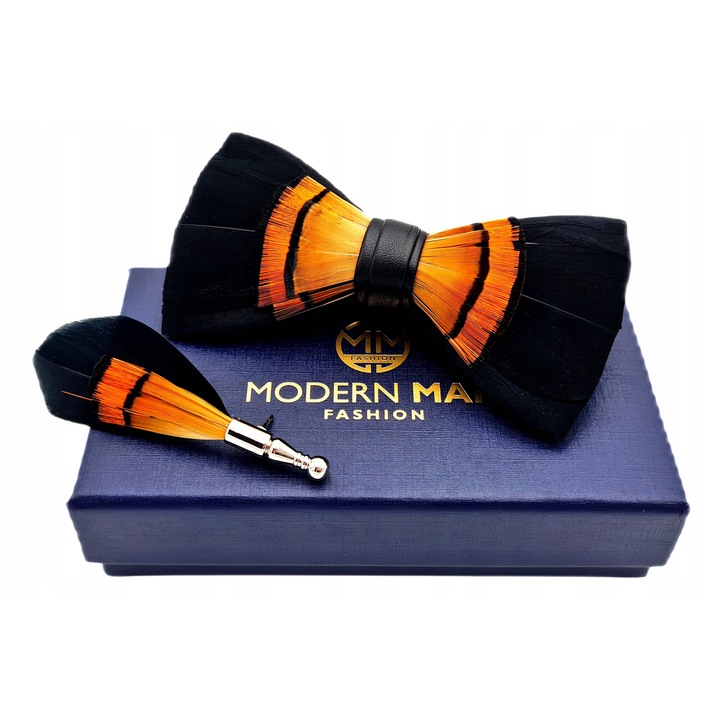 Papion barbati Modern Man cu pene de paun, design elegant, set cadou, dimensiune ajustabila pana la 55 cm