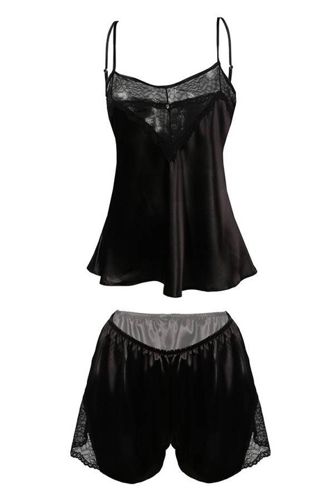 Set lenjerie sexy dama, Dkaren, Satin, Negru, Negru