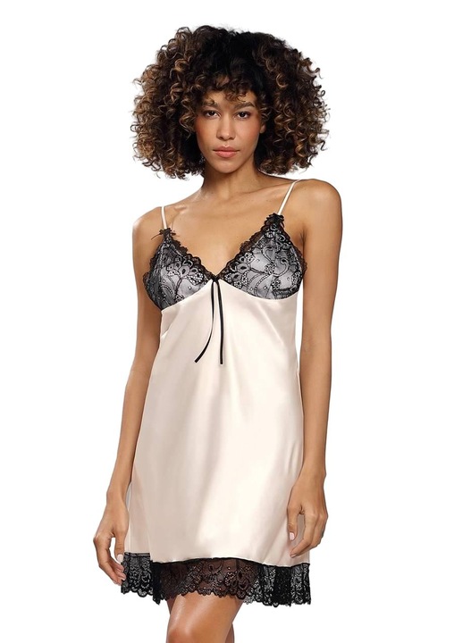 Camasa de noapte, Dkaren, Satin, Crem/Negru, Negru/Crem, XL