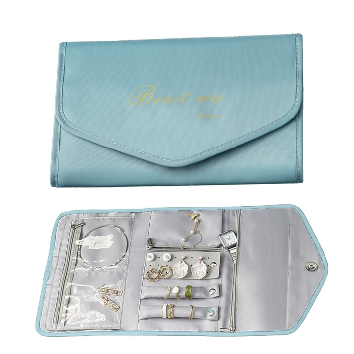 Organizator pentru bijuterii, compartimente pentru inele, cercei, coliere, albastru, poliester