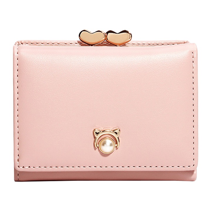 Дамско портмоне от лачена кожа, голям капацитет, практичен дизайн, Розово, One Size