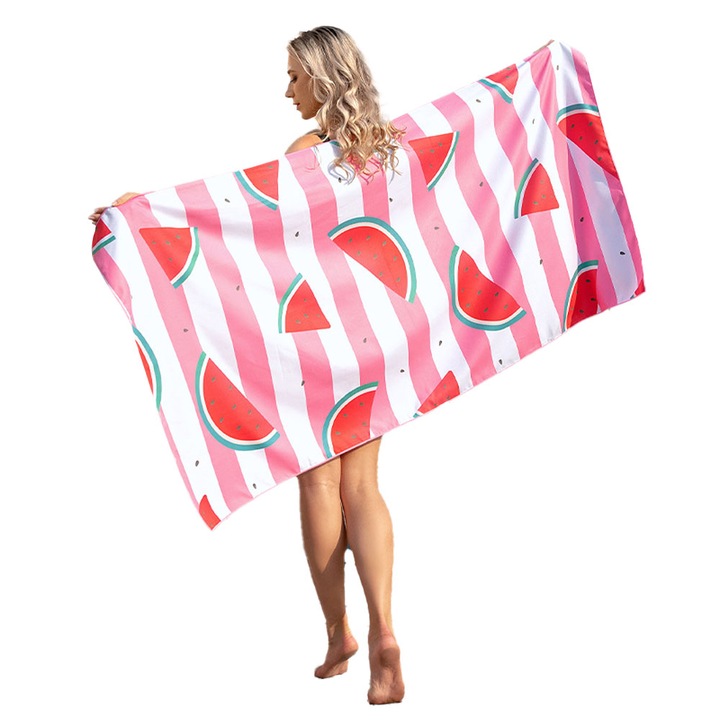 Prosop de plaja, model cu pepene si broaste testoase, microfibra absorbanta, multicolor, 80x160cm