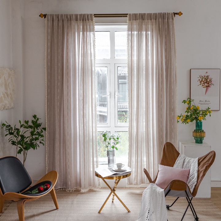 Set Perdele cu ciucuri, Jacquard, Filtrare Lumina, bej, Dimensiune Universala