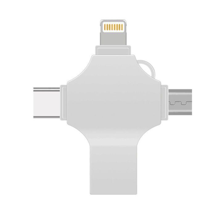 Stick USB cu patru functii intr-unul, 64GB, USB3.0, compatibil cu diverse dispozitive, multifunctional, alb