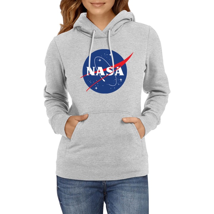 Női kapucnis pulóver kenguruzsebbel NASA Space Theme Tralala NASA 06, Fekete