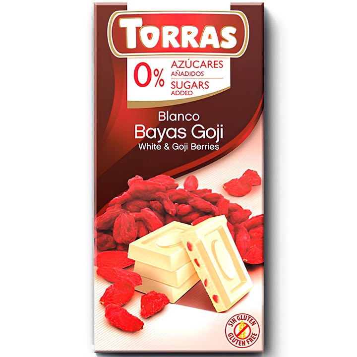Ciocolata alba din lapte integral cu fructe de goji, 0% zahar, fara gluten, 75g, Chocolates Torras