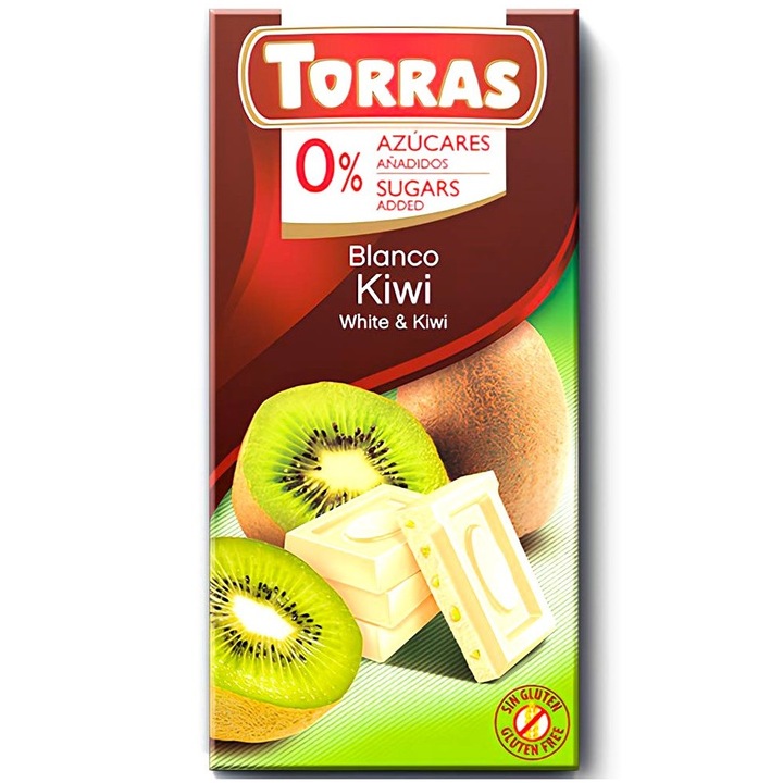 Ciocolata alba din lapte integral cu kiwi liofilizat, 0%zahar, fara gluten, 75g, Chocolates Torras