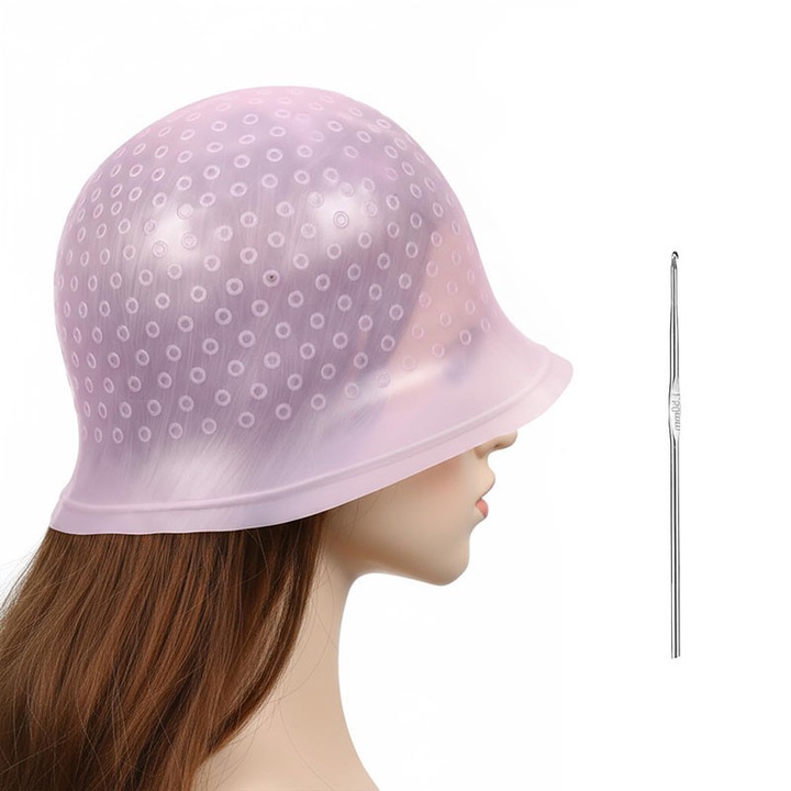 Casca pentru vopsit par, Jeswo, Silicon, Cu carlig si inglita, Usor de transportat, Inodor, Durabil, Reglabil, Elastic, Pentru salon de coafura la domiciliu, Roz