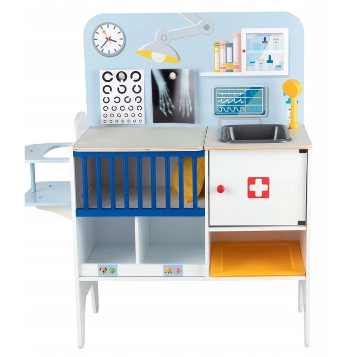 Мултифункционален комплект за игра, Докторска клиника 2в1, ветеринарна и педиатрична, дървена, с медицински аксесоари, маса за прегледи, шкаф за лекарства, бебешко столче бяло/синьо
