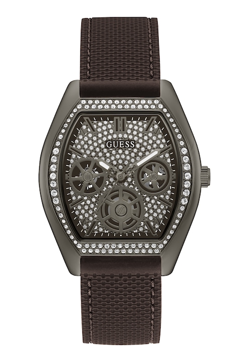 Guess, Кварцов часовник със силиконова каишка, Тъмнокафяв, Тъмносребрист