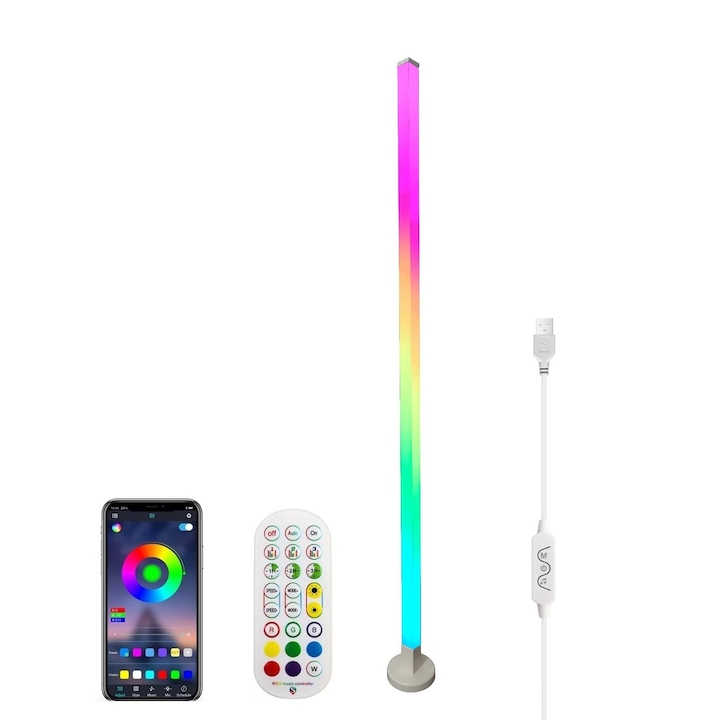 LED RGB lámpa, 145 cm magas, környező áramló fény, komplett telepítőkészlet, dinamikus led, okostelefonos alkalmazás, távirányító, zeneérzékelő, 16 millió szín, 5 V USB