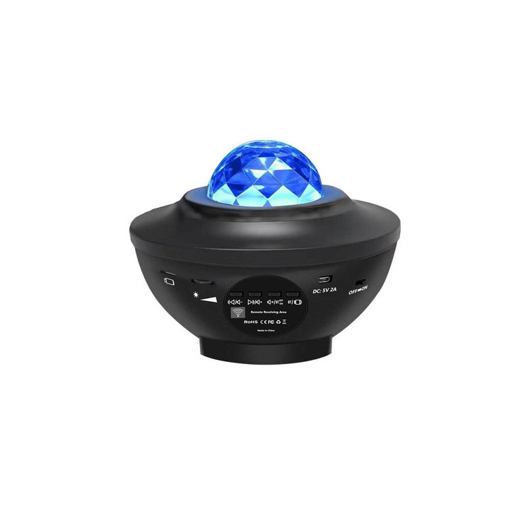 Lampa cu difuzor, bluetooth, proiector LED si laser, WTO®, rotatie 360°, Telecomanda, 5V, 2000 mAh, 16 x 16 x 13 cm, Negru