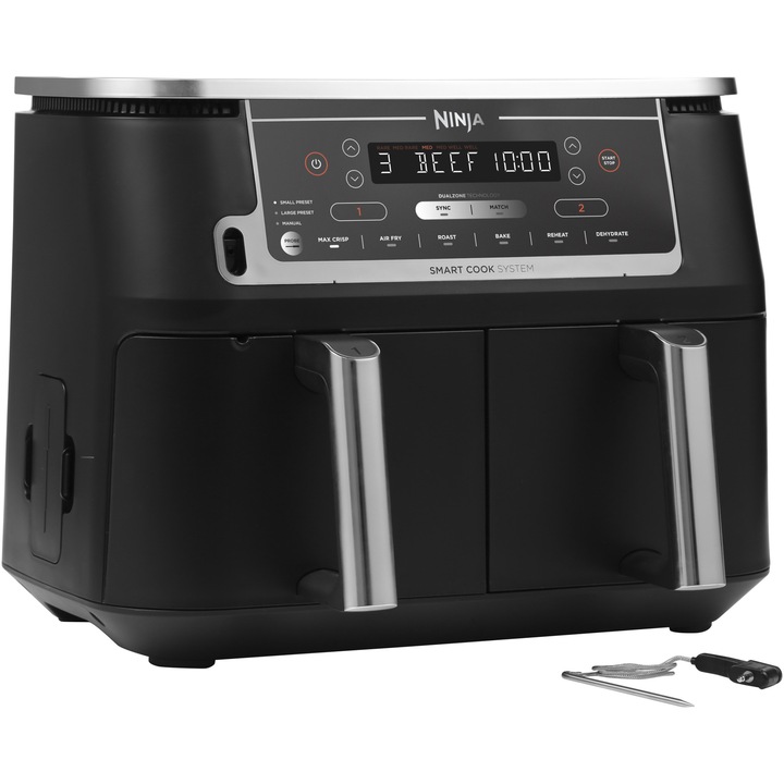 Фритюрник с горещ въздух Ninja Foodi Max Dual Zone AF451EU, 2470 w, Интелигентна система за готвене, 9,5 л, 2 чекмеджета, 6 функции, Черен