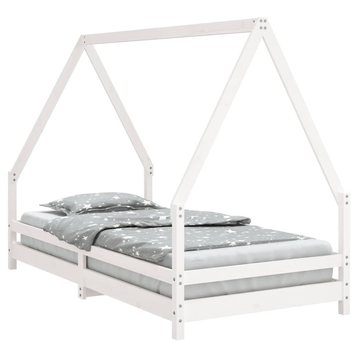 Cadru de pat pentru copii vidaXL, alb, 90x190 cm, lemn masiv de pin, 19.2 kg