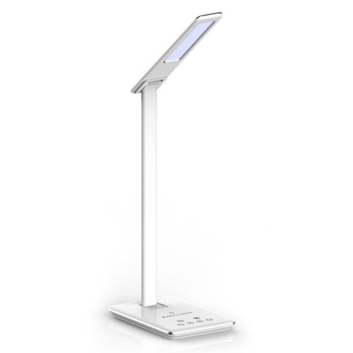 Lampa de birou LED V-TAC 218601, cu incarcare wireless, dimabila, USB 3.0A 18W, touch control, 4W, 500 lm, temperatura lumina reglabila, IP20, 445x121x45mm, patrat, Alb, clasa energetica E