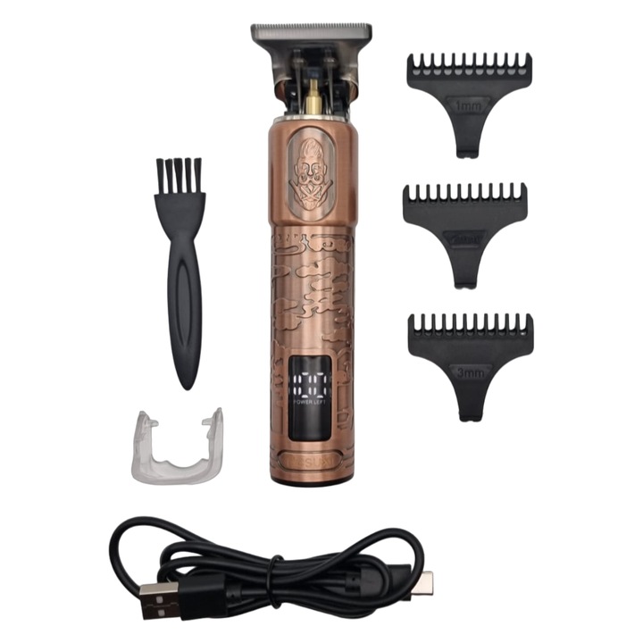 Masina de Tuns Profesionala pentru Barba si Contur waterproof, cu Afisaj Digital, Acumulator si Incarcare Rapida Type C, Cupru