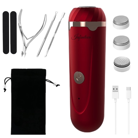 Pila Electrica pentru Talpi si Calcaie Infiniteea™️, 2 Trepte de Putere, Viteza 7800rpm, Husa de Transport, Incarcator USB, Set Manichiura si Pedichiura, 2 Pile pentru unghii si 3 Capete incluse, Rosu