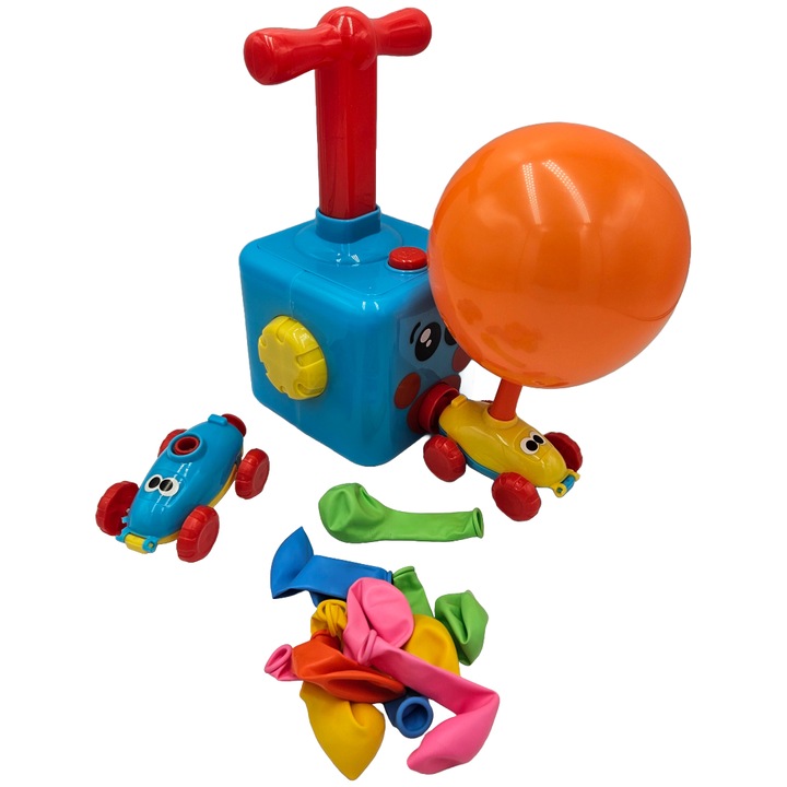Set Jucarie interactiva cu Dispozitiv Lansator pentru Umflarea Baloanelor, 2 x Masina aerodinamica, 10 Baloane