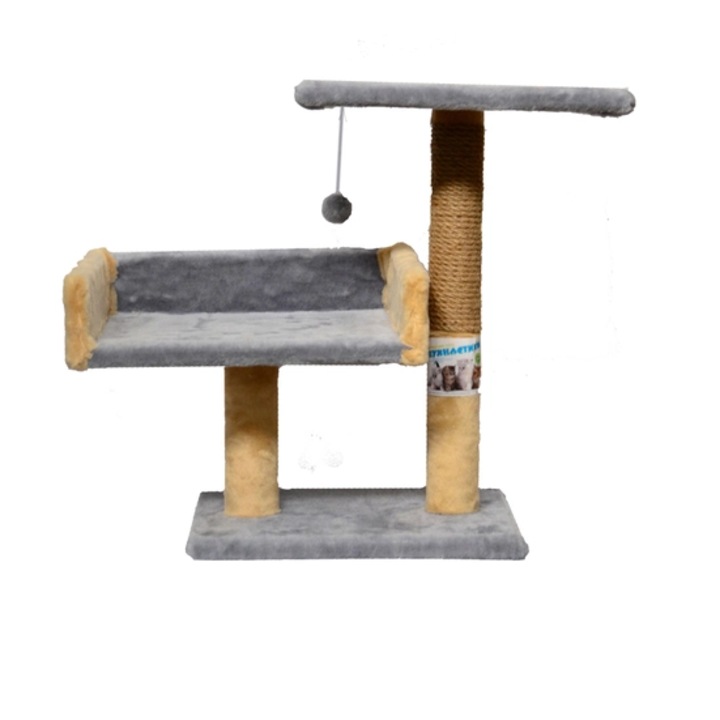 Ansamblu de joaca pentru pisici, tip coloana cu canapea dubla si ciucure, gri/bej