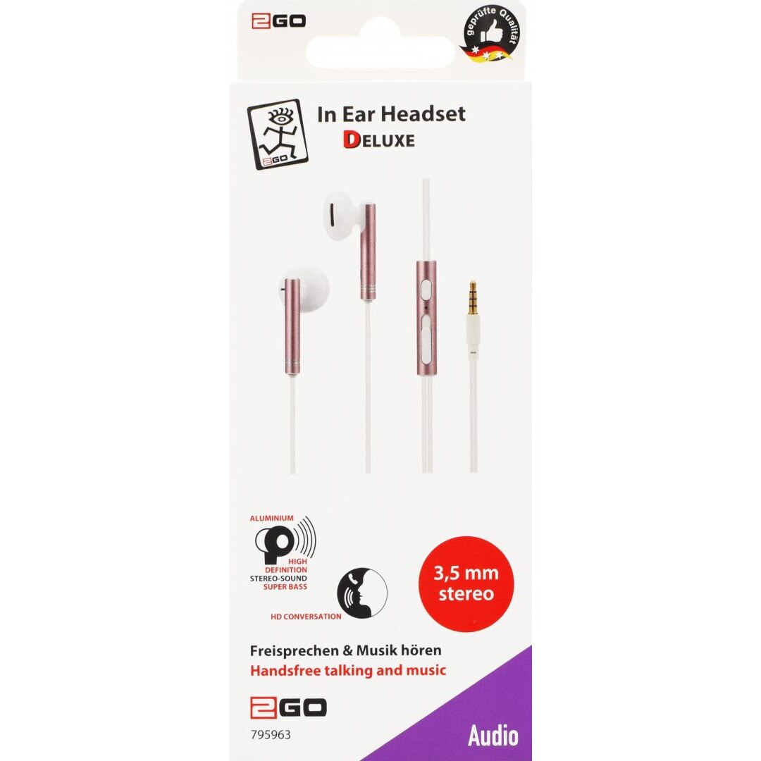Casti stereo in-ear, 2GO, 1.2 m, Alb/Auriu roz