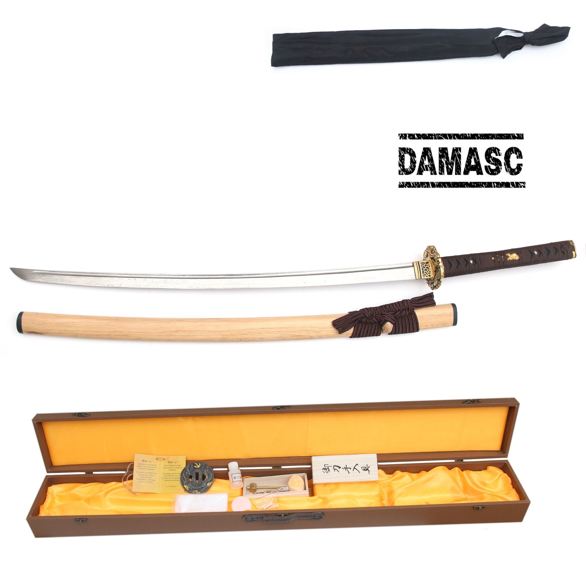 Katana Sabie Samurai Japoneza Kit Curatare, Cutie, Husa Lama Damasc,  Lungime 101cm, Tole 10 Imperial 32324 