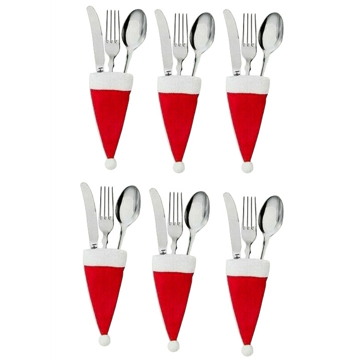 Комплект от 6 капачки за прибори, коледен модел, HUSA01, червени, 6 x 14 cm