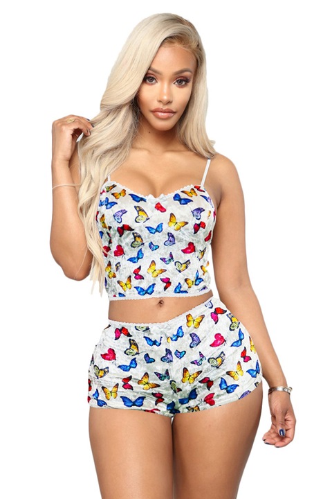 Pijama sexy dama, set 2 piese, top tip bustiera cu bretele subtiri si pantaloni scurti, model provocator, imprimeu grafic, EFAYN, Multicolor