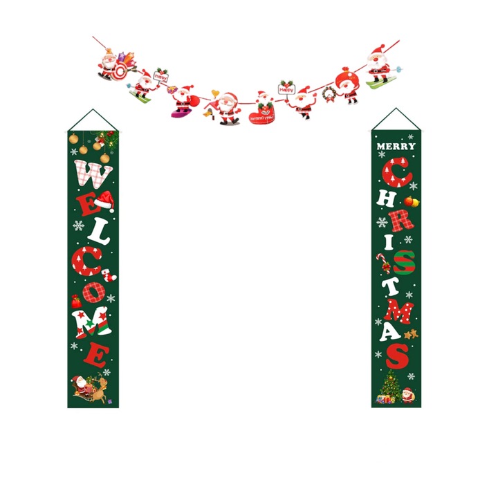 Set 2 bannere decorative si ghirlanda motive Craciun, pentru usa, Welcome, Interior/Exterior, 178 x 30 cm, Multicolor