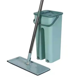 Galeata cu mop Stuffix®, 2 cuve de spalare si de uscare, laveta de mop cu microfibre, verde/albastru cu 2 rezerve