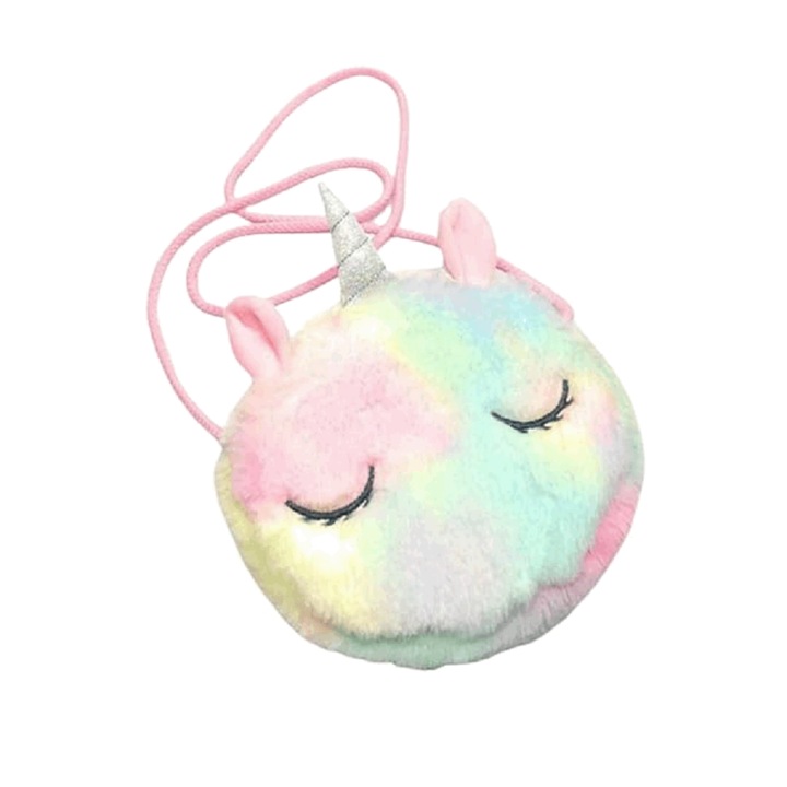 Geanta de umar cu unicorn pentru fetita, 17x17x3.5 cm, Plush, curcubeu
