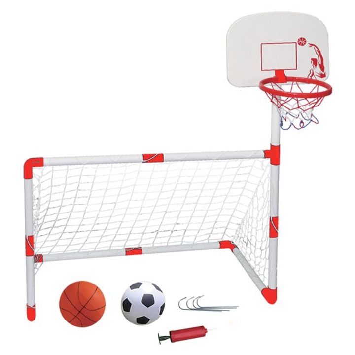 Комплект футболна врата и баскетболен кош LiveUp, 2в1, 2 топки, Помпа, 100x46x68см, 3+години, Бял/Оранжев