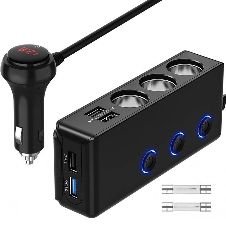 Autós multisocket adapter 120W, 3x autós aljzat, 4x USB port, 12-24V, Quick Charge 3.0, feszültség kijelző, biztonsági 10A, fekete