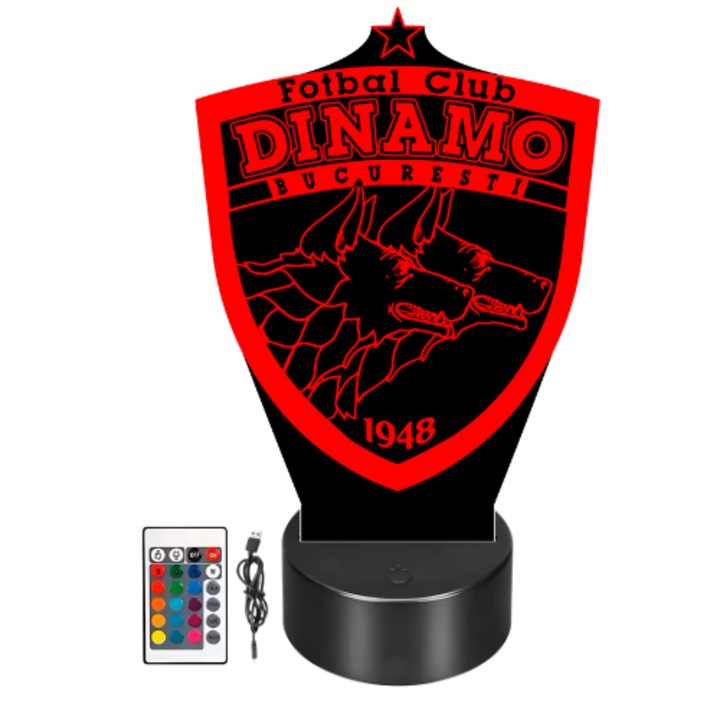 Lampa trofeu din acril cu LED - Dinamo Fotbal Club, Bucuresti efect 3D, telecomanda, touch, multicolor