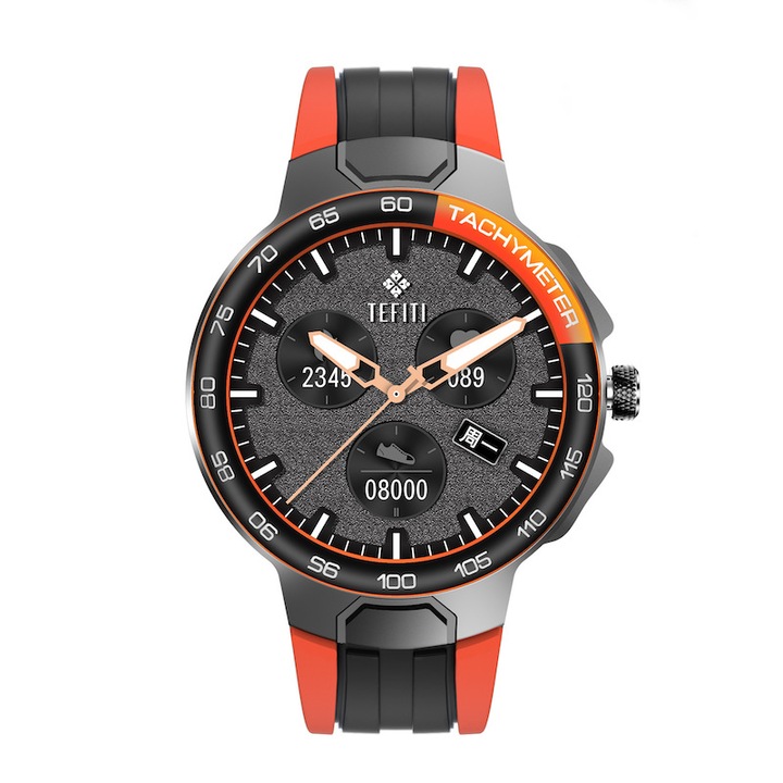 Ceas smartwatch DACAITEC®, 1.28 inch, notificari Apeluri/Sms, multi sport, ritm cardiac multi point, tensiune, oxigen, carcasa metalica, difuzor, IP68, player muzica, rezistent la apa, Negru/Portocaliu