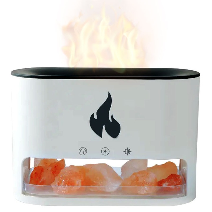 Difuzor aromaterapie in forma de semineu cu flacara simulata, cu sare de Himalaya, umidificator de aer cu ceata rece, ultrasonic pentru dormitor, birou, acasa, functie de oprire automata si lumina de noapte, 7 lumini RGB, alimentare USB, 250 ml, alb