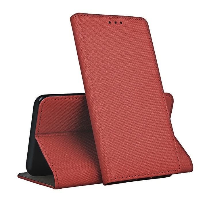 Кожен калъф Flip Cover, съвместим със Samsung Galaxy A23 4G / 5G, текстурен дизайн, оптимална защита с магнитно затваряне, интелигентно плавно затваряне, тип книга, джоб за портфейл, червен