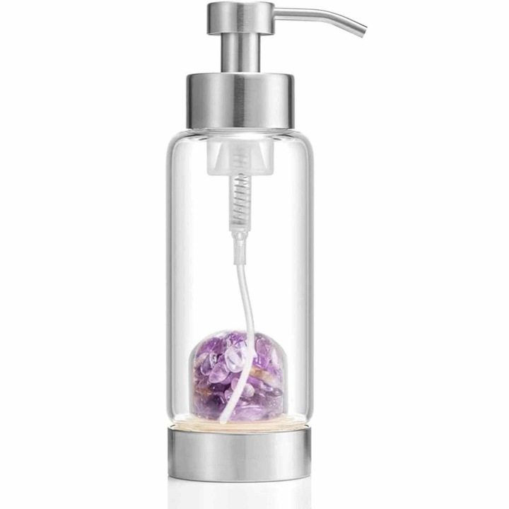 Rozsdamentes acél üvegszappan adagoló ametiszt kristályokkal, 400 ml eleganciával és energiával a fürdőszobában és a konyhában