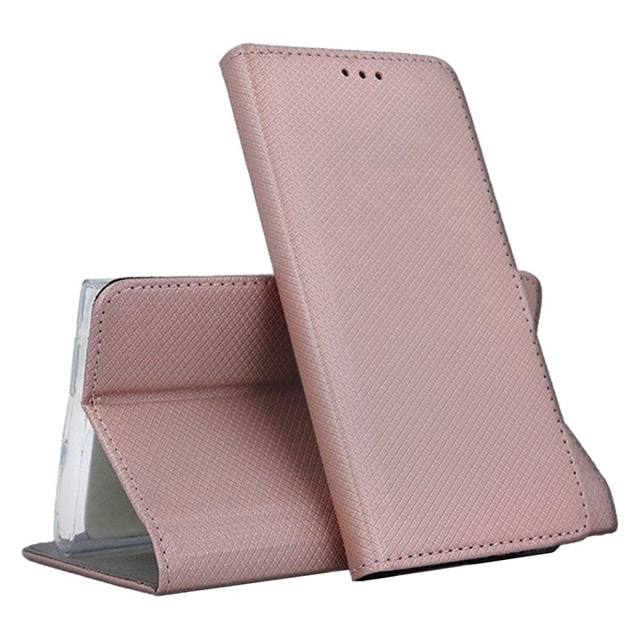 Кожен капак Flip Cover, съвместим с Huawei P8 Lite 2017 / P9 Lite 2017, текстурен дизайн, Optim Protect с магнитно затваряне, Smart Soft Close, тип книга, джоб за портфейл, розов
