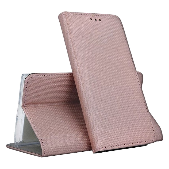 Huawei P8 Lite 2017 / P9 Lite 2017 kompatibilis bőr flip borítóval, Texture Design, Optim Protect mágneses zárással, Smart Soft Close, Könyv típus, pénztárca zseb, rózsaszín