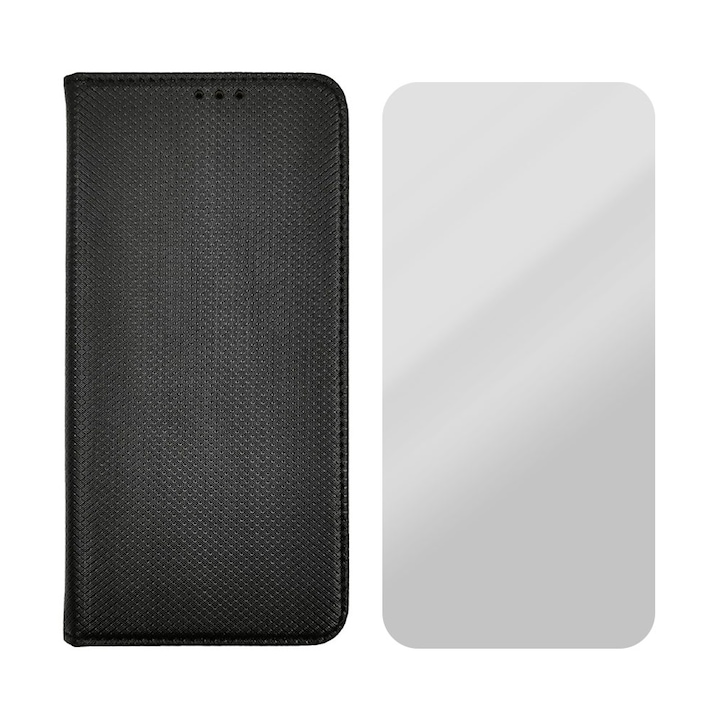 Bőr Flip Case Set 2.5D üvegfólia kompatibilis Xiaomi Redmi Note 12 Pro 4G / Note 11 Pro 4G / Note 11 Pro 5G, Texture Design, Secure Glass, Optim Protect mágneses zárással, Smart Soft Close, Könyvtípus, Pénztárca zseb, Fekete