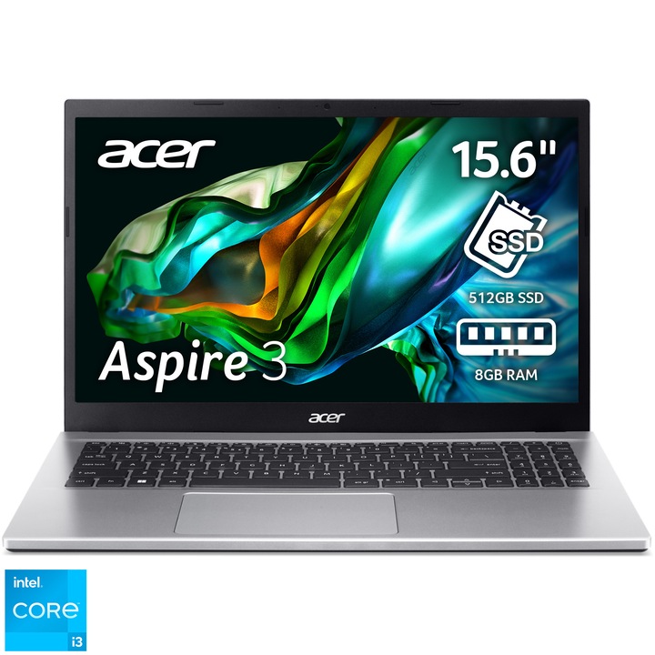 Acer Aspire 3 A315-59-33J8 laptop Intel® Core™ i3-1215U processzorral akár 4,40 GHz, 15,6", Full HD, 8GB DDR4, 512GB SSD, Intel® UHD Graphics, NO OS, Nemzetközi angol billentyűzet, Ezüst