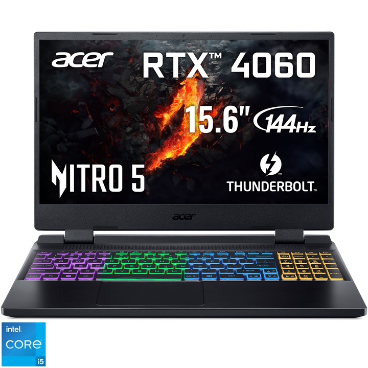 Acer Nitro 5 AN515-58 Gaming laptop Intel® Core™ i5-12450H processzorral akár 4,4 GHz, 15,6", Full HD, IPS, 144Hz, 16GB DDR5, 512GB SSD, NVIDIA® GeForce RTX™ 4060 8GB GDDR6, No OS, Nemzetközi angol billentyűzet, Fekete