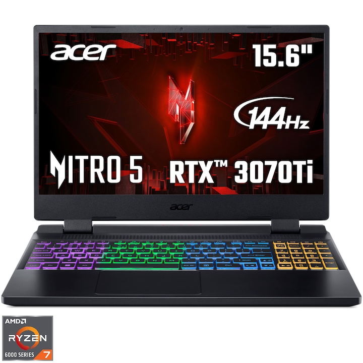 Laptop Gaming Acer Nitro 5 AN515-46 cu procesor AMD Ryzen™ 7 6800H pana la 4.7 GHz, 15.6", Full HD, IPS, 144Hz, 16GB DDR5, 512GB SSD, NVIDIA® GeForce RTX™ 3070 Ti 8GB GDDR6, No OS, Obsidian Black
