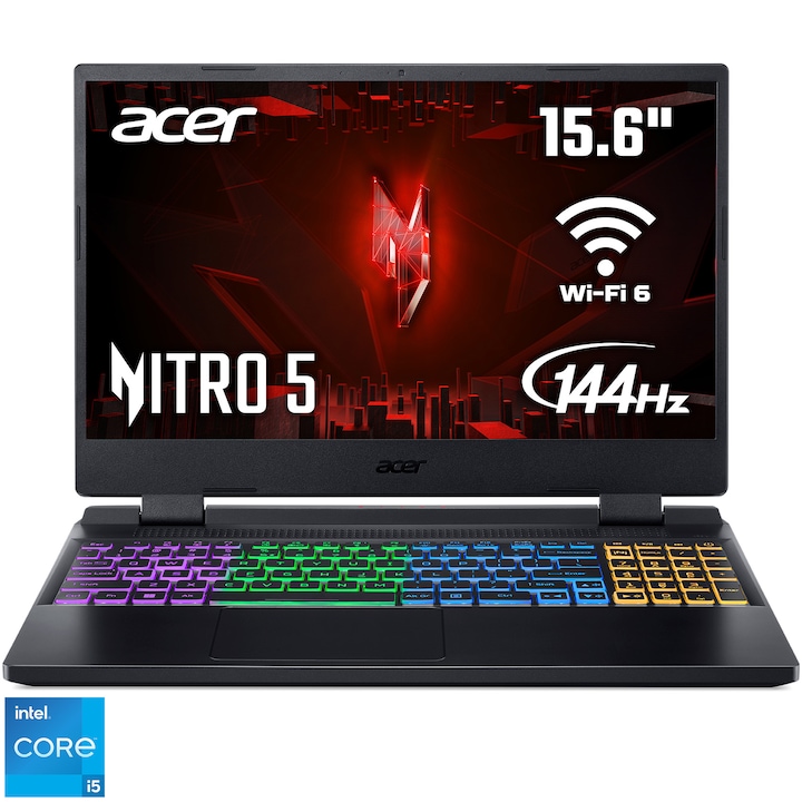 Laptop Gaming Acer Nitro 5 AN515-58 cu procesor Intel® Core™ i5-12450H pana la 4.4 GHz, 15.6", Full HD, IPS, 144Hz, 16GB DDR5, 512GB SSD, NVIDIA® GeForce RTX™ 2050 4GB GDDR6, No OS, Obsidian Black