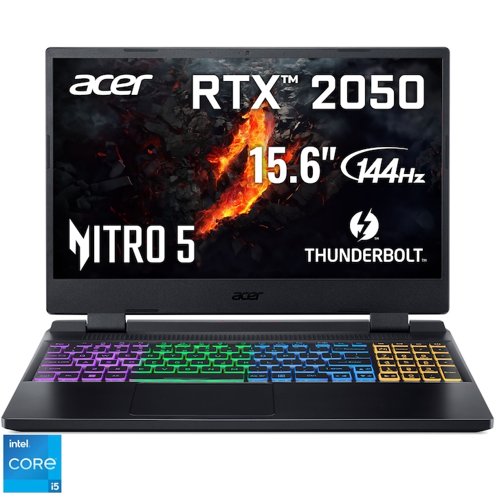 Acer Nitro 5 AN515-58-58-58R3 gaming laptop, Intel® Core™ i5-12450H processzorral akár 4.4GHz, 15.6", Full HD, IPS, 144Hz, 16GB DDR5, 512GB SSD, NVIDIA® GeForce RTX™ 2050 4GB GDDR6, nincs operációs rendszer, nemzetközi angol billentyűzet, fekete